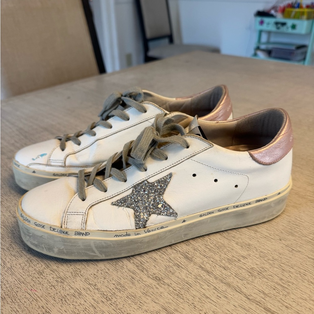 Golden Goose Hi Star White Sneakers with Glitter Star